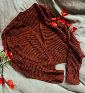 Rust Ribbed Cropped Cardigan