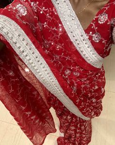 Red Sequin Embroidered Saree &amp; Blouse