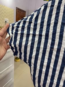 Blue Lined Crop Shirt Style Top