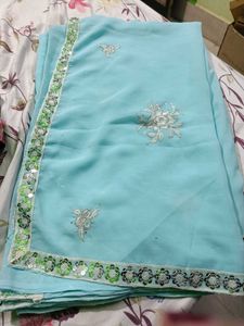 Beautiful Light Sky Color Embroidery Saree