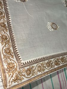 Brown Floral Bordered White Saree