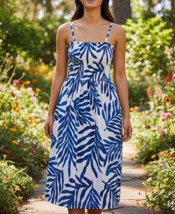 Blue &amp; White Tropical Smocked Midi Dress