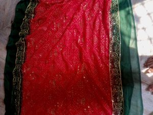 Red &amp; Green Gharhola design saree