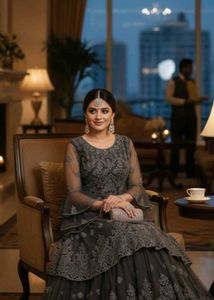 Elegant Grey Net Layered Gown