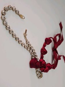 ZARA Red Rose Ribbon &amp; Rhinestone Necklace