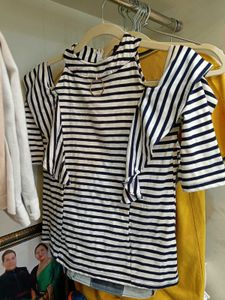 Black &amp; White Striped Cold-Shoulder Top with Ruffl