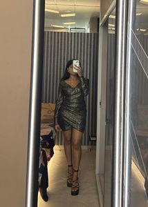 Party Shimmer Dress With V Neck &amp; Full Sleeve