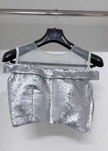 Silver flip‑sequin padded crop top