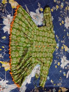 Green Floral Dress with Pom-Pom Trim
