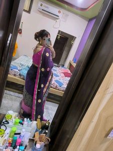 Purple Pink Flower Work Saree With Blouse.
