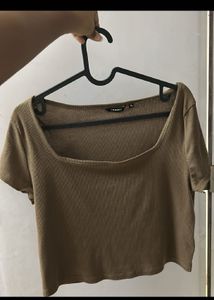 Brown Ribbed Square Neck Crop Top