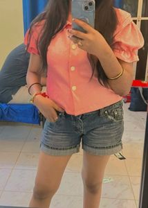 Pink Puff Sleeve Button-Down Top and shorts