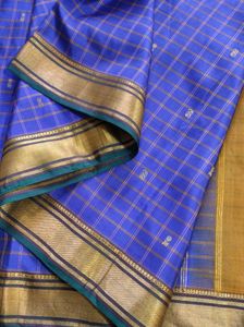 Blue And Golden  Checked Saree