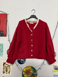 Red Lace Trim Cardigan❤️
