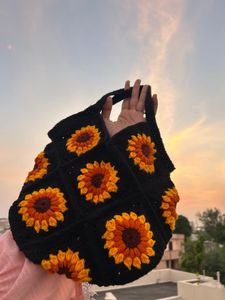 Handmade Black Crochet Bag With Sunflower Design