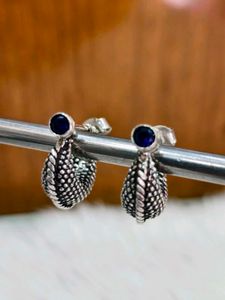 Pure Silver Blue Sapphire Stud Drop Earrings
