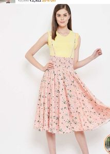 Panit Peach Colored And Green Printed Floral Skirt