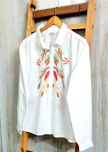 Embroidered White Cotton Shirt Size-46-48