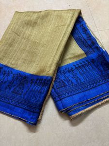 Elegant Blue &amp; Gold varli painting Saree