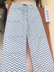 Blue Wave Pattern Wide Leg Jeans