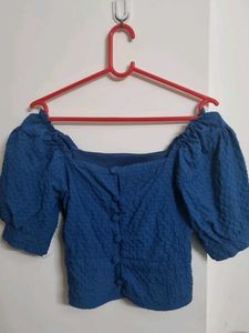 Blue Puff Sleeve Button-Up Top