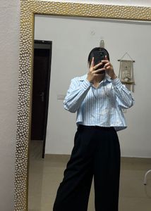 FRENCH CONNECTION Blue Stripe Crop Shirt