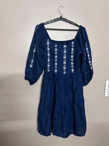 Navy Embroidered Peasant Dress