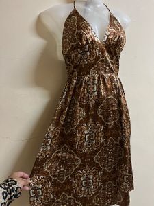 Brown Patterned Halter Dress