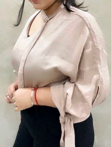 Beige Tie-Neck Blouse