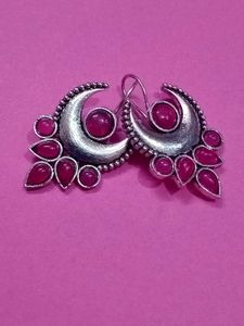 Silver Moon Earrings with Ruby Accents