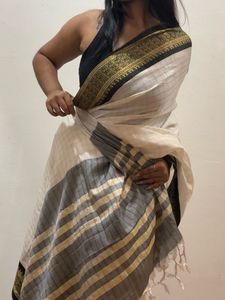 Elegant White Gold Black Saree
