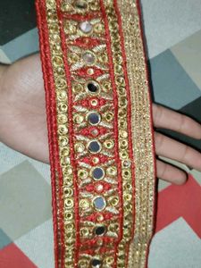 Red N&#39; Golden Color Lace with Mirror n Stone Work