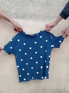 Navy Polka Dot Ruffle Trim Tee