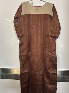 Brown Embroidered Kurta set with madhubani dupatta