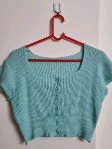 Blue Knit Button-Up Crop Top