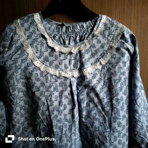 Clovia Rich cotton blue floral lace night suit