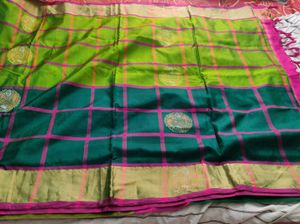 Green &amp; Pink Checkered uppada silk Saree
