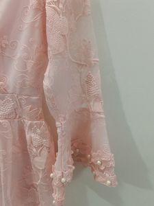 Girls Frock In Embroidered Net With White Beads.