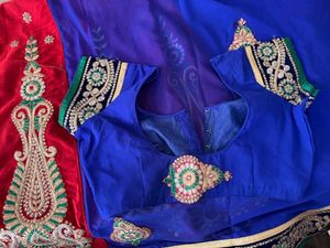 Royal Blue &amp; Red Saree Lehenga-Embroidered Blouse
