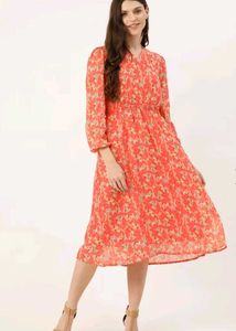 Dressberry Coral pink and blue floral print A-line