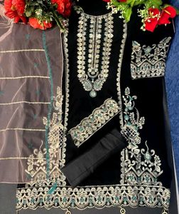 Semi Stitched Pakistani Suit Black Embroidered