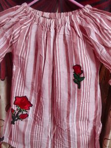 Casual Striped Top With Rose Work