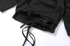 Newme Kpop Black Front Tie Up Cutout Crop Top