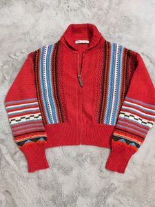 Zara Red Patterned Knit Jacket