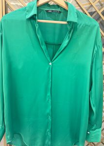 Zara  Satin Shirt In Green