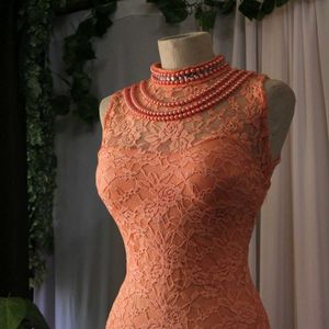Peach Lace High Neck Cocktail Dress