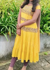 Yellow Tiered Kurta with Pant and dupatta