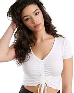 White Drawstring Ribbed Top
