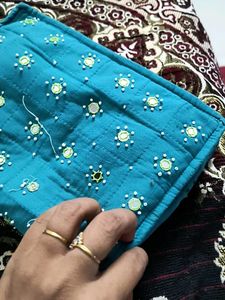 Handmade Embroidered Teal Clutch