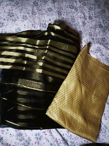 Gold & Black Striped Fabric Saree